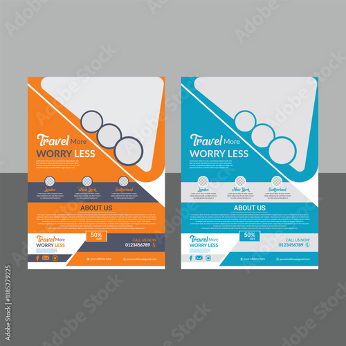 travel flyer design template, tourism color a4 print ready flyer. 2 templates of different colors.