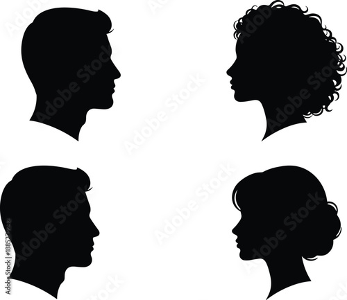 Profile silhouettes of diverse men and women heads, face to face, representing communication, anonymity, corporate identity, and human diversity