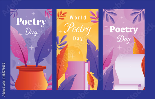 Colorful world poetry day illustration with feathers scrolls and floral elements