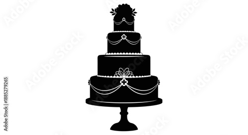 Elegant four tier wedding cake silhouette featuring decorative piping and floral topper presented on a pedestal stand for special celebrations