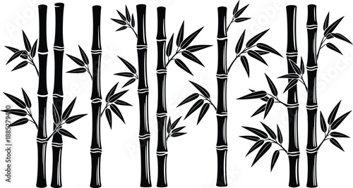Bamboo silhouette illustration set, black and white botanical vector, segmented stalks with leaves, nature design elements for decoration and cultural artwork