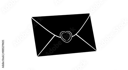 Simple black and white icon silhouette of a closed sealed envelope featuring a delicate heart shaped wax seal detail centered on the flap providing visual communication of affection or secret message