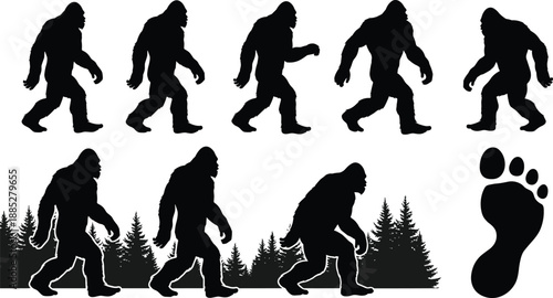 Bigfoot silhouette illustrations, cryptid walking poses, forest background elements, mysterious creature vector set, Sasquatch footprint icon, black graphic bundle