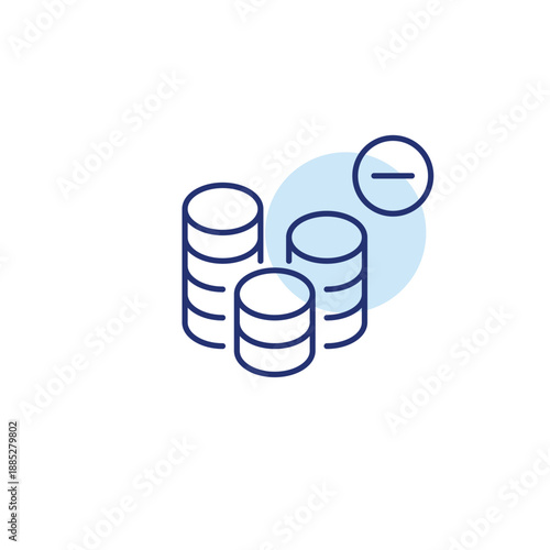Lower balance, stack of coins and minus. Savings problems. Pixel perfect, editable stroke vector icon