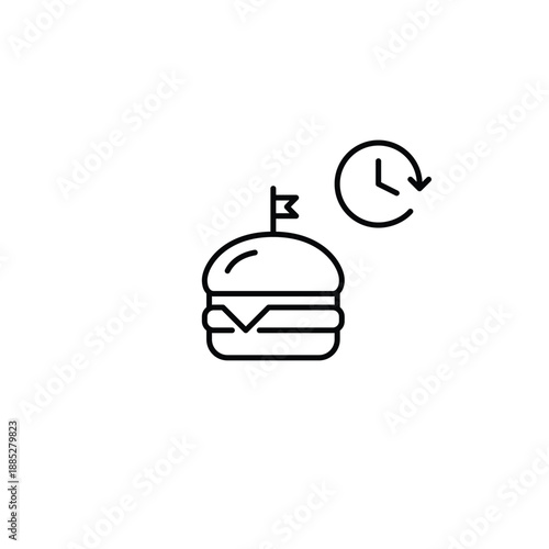 Hamburger and clock. Food delivery, timed menu orders. Pixel perfect, editable stroke vector icon