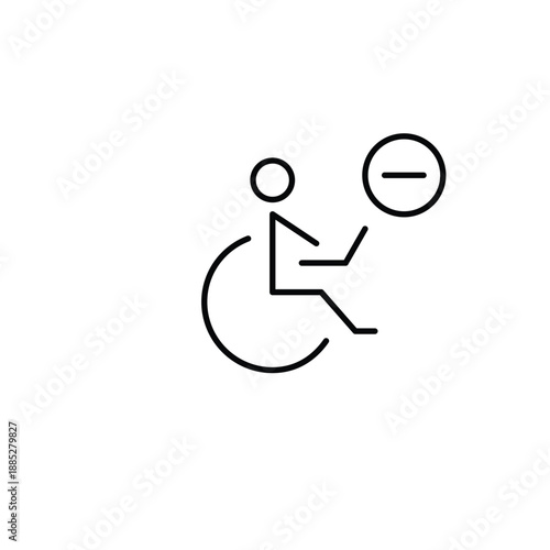 Wheelchair user working at laptop and minus. Pixel perfect, editable stroke vector icon