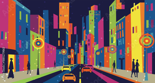 colorful urban city buildings, falling winter snow, busy urban lifestyle background , vector art