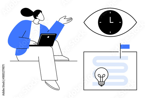 Time management concept. Visualizing productivity with a businesswoman working on a laptop, a clock-focused eye, and planning symbols. Time management for workflow, efficiency, and tasks. Ideal