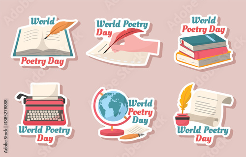 World poetry day illustrations books pens typewriters and a globe