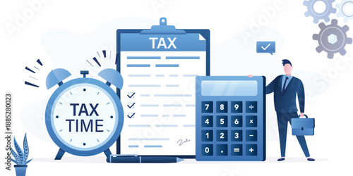 Tax time, concept background. Smart businessman or accountant with calculator, paper document and alarm watch. Money management, need to pay taxes, warning or motivation banner.