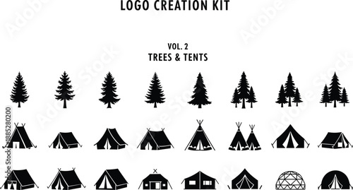 Camping logo kit, tree and tent silhouettes, outdoor adventure icons, forest camping elements, vector bundle for branding, nature-themed logo creation