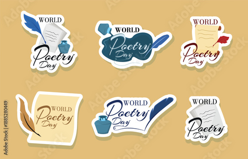 World poetry day themed stickers featuring pens paper and inkwells