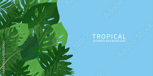 tropical jungle horizontal, banner template for summer season. nature background featuring tropical hibiscus flowers and palm leaves with a summer vibe for celebration, ads, branding, banner, cover, 