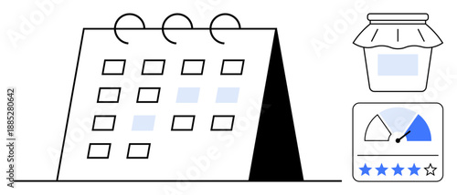 Business planning concept. Calendar for scheduling, analytics for performance tracking, and jar for task management. Business planning tools for goals, timelines, productivity, and feedback