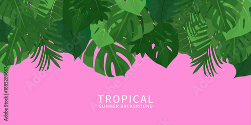 tropical jungle horizontal, banner template for summer season. nature background featuring tropical hibiscus flowers and palm leaves with a summer vibe for celebration, ads, branding, banner, cover, 