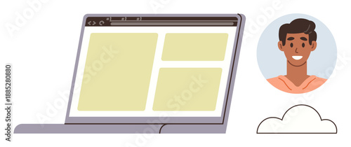 Digital technology, online profiles, cloud storage, communication tools, website design, user interface. Laptop with a browser window, user avatar and cloud icon. Online profiles and cloud storage