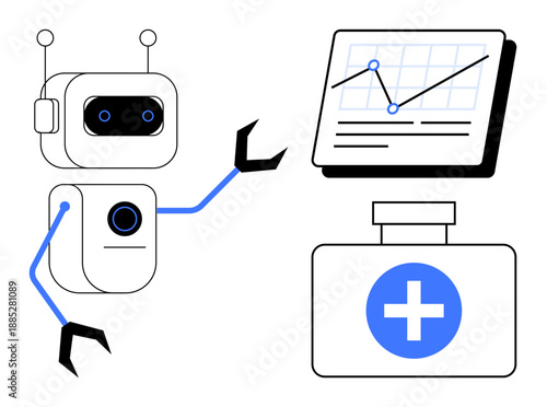 Robot interacting with graph and medical briefcase, representing healthcare data, innovation, and AI in medicine. Ideal for tech, AI healthcare, automation, analytics, medical research digital