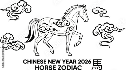  Minimalist 2026 Chinese New Year of the Horse Vector Illustration featuring Traditional Brushstroke Clouds, Flat Black and White CAD Drawing Style, Clean Line Art Isolated on White Background without