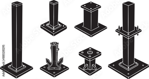 Set of black metal industrial pillars and bases collection