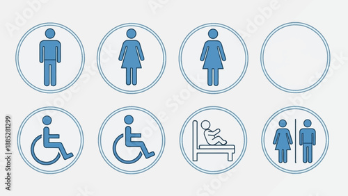 Collection of restroom and accessibility signs.