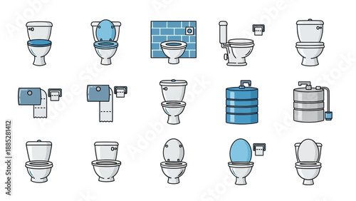 Collection of various toilet illustrations and designs.
