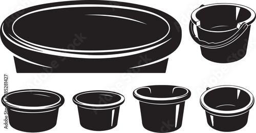 Black and white kitchenware set with bowls and bucket