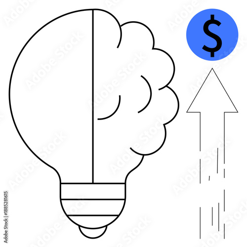 Creativity, innovation, financial growth, business success, investment, entrepreneurial ideas. Brain merging with lightbulb, upward arrow with dollar symbol. Creativity and innovation visually