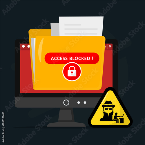 Locked computer folder and hacker alert sign, suitable for cybersecurity concepts, data protection, internet security, privacy breach topics in design projects.