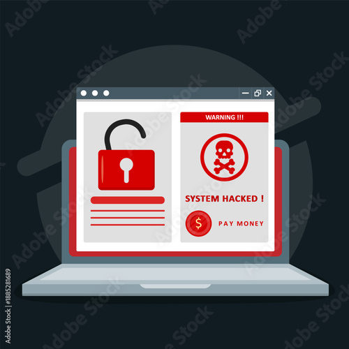 Hacked computer system with ransom demand and unlocked lock. Suitable for cybersecurity concepts, data breaches, cyber attacks, internet security.