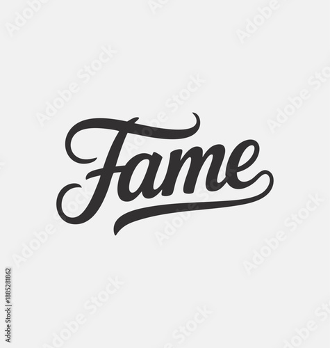 Fame Written in Black Joining Stroke Typography Vector – Modern Handwritten Script Lettering with Continuous Connected Line Style, Smooth Joined Font Wordmark Isolated on White Background for Branding