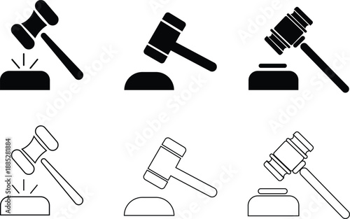 Judge gavel and sound block icon set legal justice auction and law authority vector silhouettes and outlines