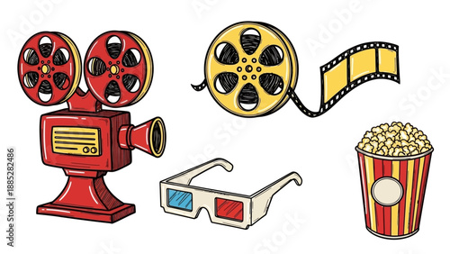 Vibrant Hand-Drawn Cinema Elements Collection with Projector Film Popcorn and 3D Glasses.