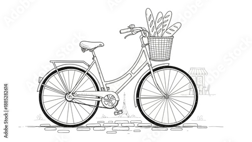 Vintage Bicycle with Baguettes in Basket Line Art Drawing.