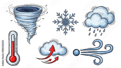Weather Icons Collection Hand Drawn Style Tornado Snowflake Rain Clouds Thermometer Wind.