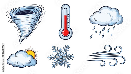 Weather Icons Collection Tornado Thermometer Rain Cloud Sun Snowflake Wind.