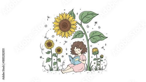 Young girl reading a book under a giant sunflower in a field.