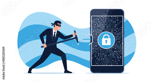 Cyber criminal character using pickaxe to break into secure mobile phone representing data breach and smartphone hacking concept.