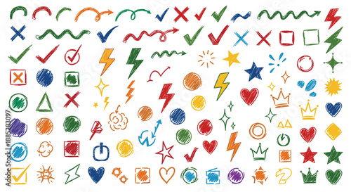 Large set of colorful hand drawn scribbles including arrows check marks hearts stars and lightning bolts for graphic design elements.