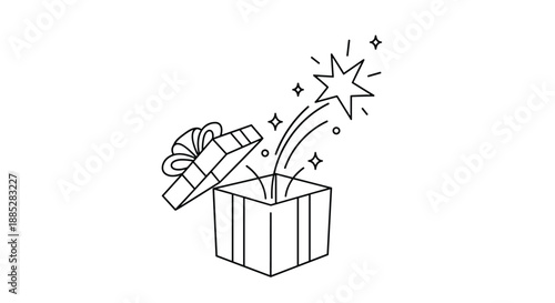 Open gift box with a glowing star shooting out representing surprise magic reward or new ideas in simple line art style.