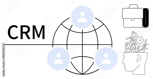 CRM text next to a globe with user icons, symbolizing connectivity. A briefcase and head with flowers indicate productivity, creative thinking, networking, and management. Ideal for business