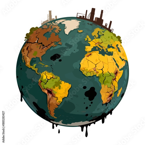 Polluted Earth Illustration Showing Climate Change and Environmental Damage. Suitable for Earth Day campaigns, environmental awareness projects, sustainability education, climate crisis presentations.