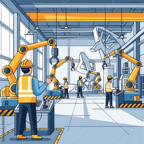 Modern Manufacturing: Workers Operating Robotic Arms in Automated Industrial Factory Assembly Line Illustration