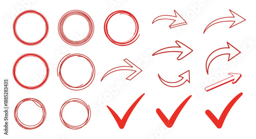 Collection of red hand drawn circles arrows and check marks for highlighting and emphasis in documents or presentations.