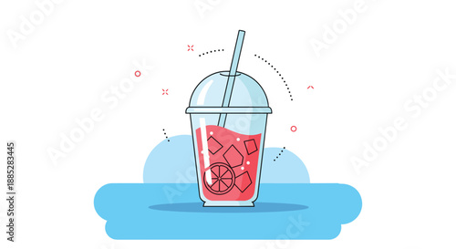 Refreshing red cold drink in a plastic cup with a lid straw ice cubes and lemon slice on abstract background.