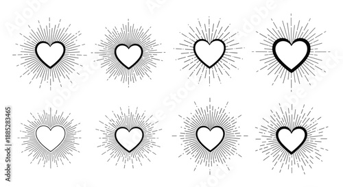 Collection of eight black and white heart symbols with radiant sunburst lines representing love passion and glowing emotion.