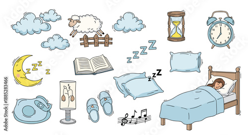 Bedtime icons set including person in bed moon sheep alarm clock pillows and hourglass for sleep health concepts.