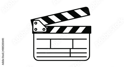 Classic movie clapperboard illustration in black and white used in film production to mark scenes and sync audio and video during cinematic filming.