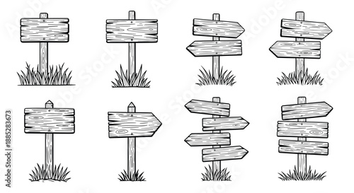 Detailed hand-drawn set of vintage wooden signposts and directional arrow signs standing in patches of grass for navigation and rustic design.