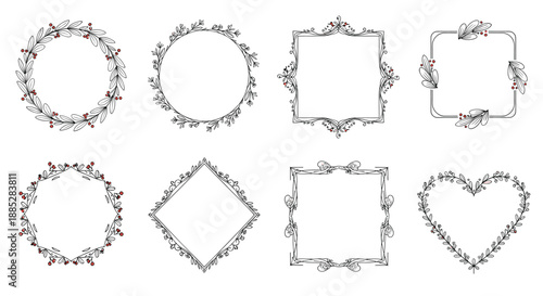 Collection of eight decorative floral frames in different shapes like circles, squares, diamonds, and a heart featuring delicate leaf and berry details.