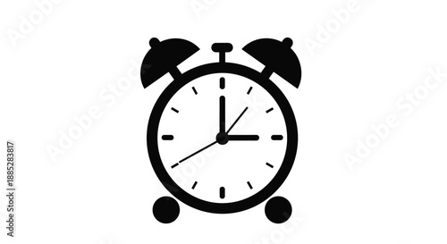 Simple black silhouette of a classic twin-bell alarm clock showing a specific time used to represent waking up, punctuality, and time management.